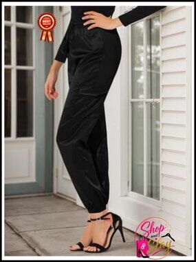 Satin Cargo Joggers High Waist Tie Elastic Pull On Pants